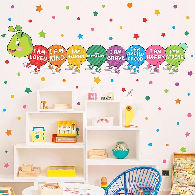 Kids Wall Stickers Decor Colorful Inspirational Wall Decals Baby Nursery Wall Decal Peel and Stick Motivational I Am Quotes Walls Art Vinyl Decals Polka Dots Murals for Classroom Bedroom Decor