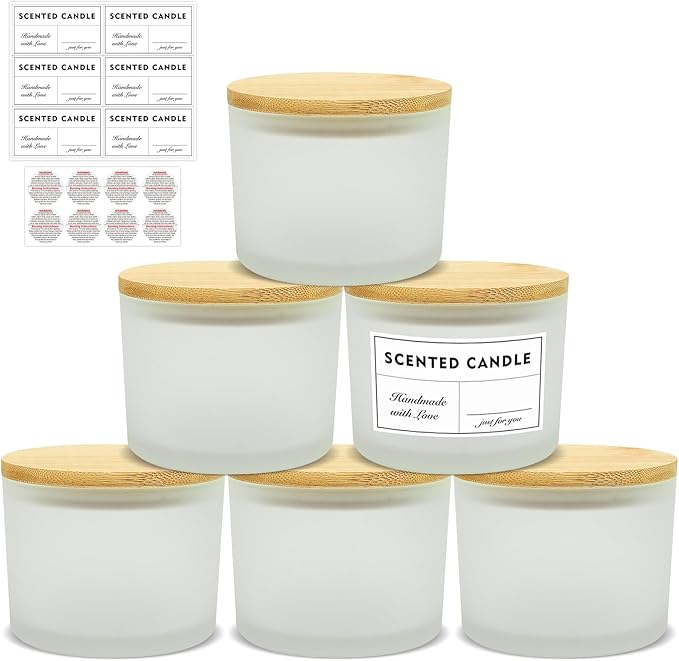 16oz 3 Wick Candle Jars 6 Pack - Large Empty Frosted Glass Candle Making Jars with Bamboo Lids, with Stickers and Labels, Bulk Candle Containers for Making Candles