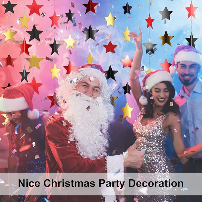Patelai Glitter Star Garland Banner 2026 New Years Decor 130 Feet Star Hanging Banner Twinkle Backdrop for Birthday Classroom Wedding Christmas Party Supplies(Red, Black, Gold)
