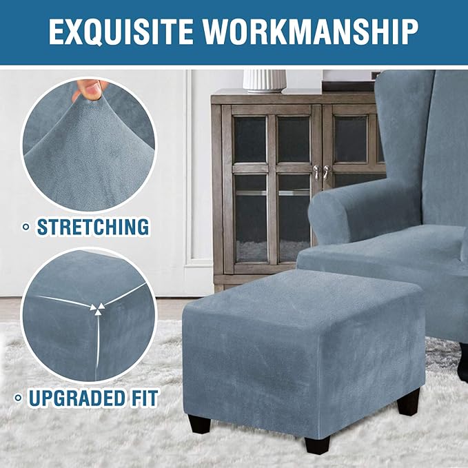 H.VERSAILTEX Square Ottoman Covers Ottoman Slipcover Square Footstool Protector Covers Storage Stool Ottoman Covers Stretch with Elastic Bottom, Feature Real Velvet Plush Fabric, Stone Blue