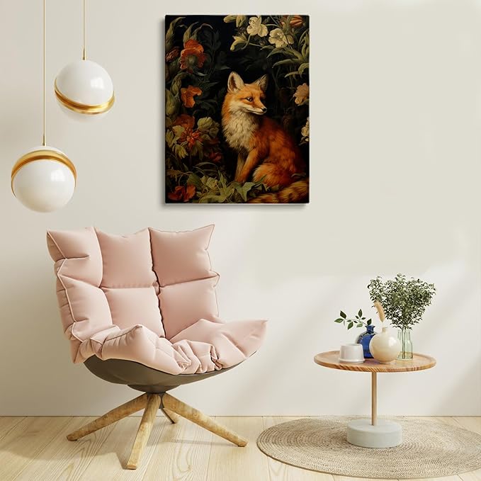 Vintage Fox Wall Art, Antique Fox Painting, Dark Academia Art, 16x24 Inch Framed Art for Bedroom, Nursery Decor