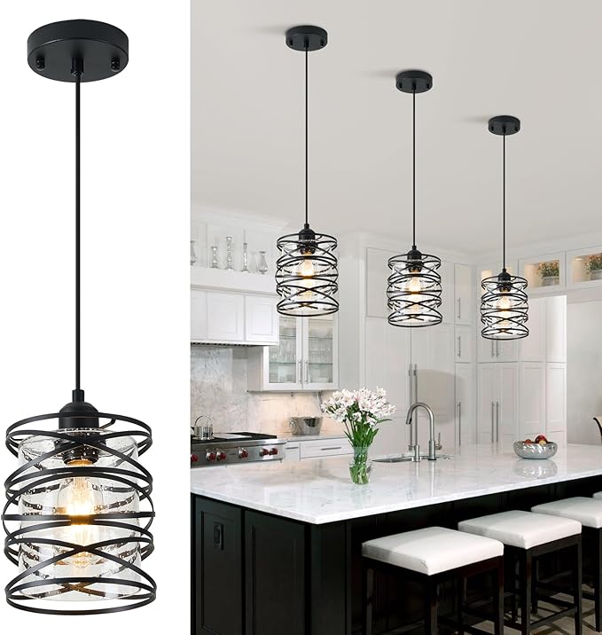 1-Pack Pendant Light Fixtures 6.3Inch Black Spiral Kitchen Island Light Modern Metal Cage Handblown Seeded Glass Ceiling Hanging Light Adjustable Cord for Dining Room Foyer Hallway, E26