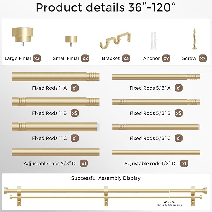 Double Curtain Rod, 1 Inch Gold Long Dual Curtain Rods 84 to 120 Inch with Aluminium Modern End Cap Finial, Adjustable Heavy Duty Window Treatment Rods, Telescopic Metal Double Drapery Pole Set