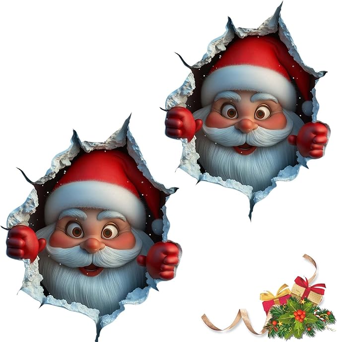 Christmas Creative Wall Sticker, 2026 New 3D Wall Breaking Santa Claus Sticker, Removable Xmas Holiday Decals for Walls, Festive Living Room Decor for Home Door Window (2 PCS)