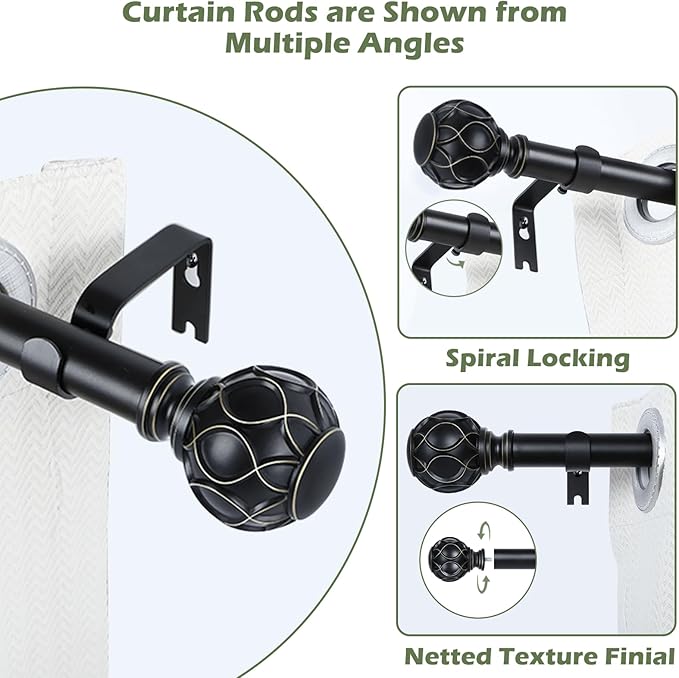 Black Curtain Rods for Windows:Farmhouse Boho Decorative Curtain Rod for Bedroom Living Room,Heavy Duty Adjustable Rustic Drapery Rods Set with Vintage Coastal Texture Finial,Matte Black 72-144"