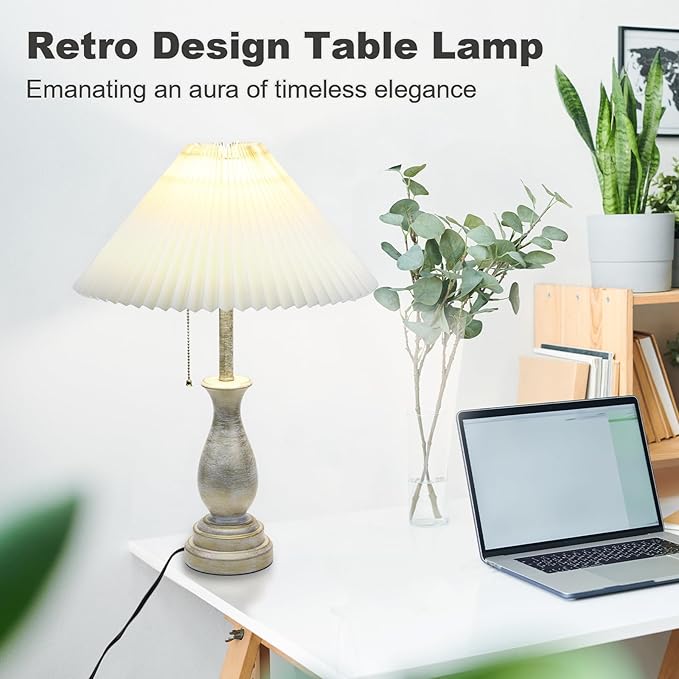 Farmhouse Table Lamp with Pull Chain Switch Control 3-Way Dimmable Table Lamp, Modern Nightstand Lamp Bedside Desk Lamp with Fabric Shade for Living Room Bedroom Hotel (Pack 1-Folding lampshade)