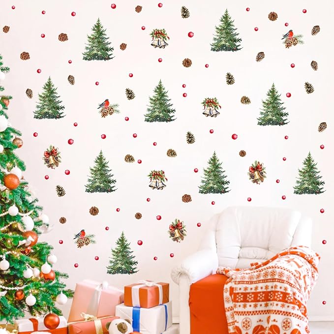 Pine Tree Wall Stickers Watercolor Christmas Tree Wall Decals Peel and Stick Removable Pine Cones Winter Wall Art Stickers Merry Christmas Bell Decals for Living Room Kids Gift Xmas Party Supply Decor