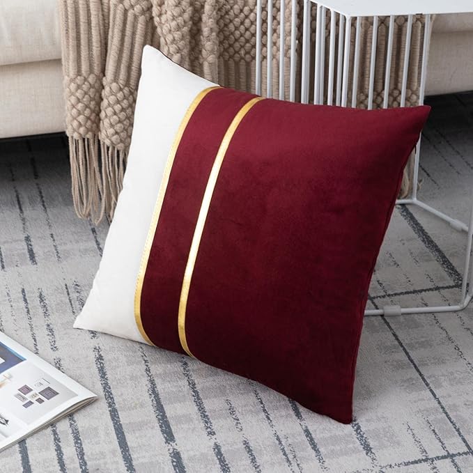 ZLINA Set of 2 Velvet Decorative Throw Pillow Covers Red White Patchwork with Gold Leather Pillow Covers 18 × 18 Inch Cushion Covers Decor Living Room Sofa Bedroom Car