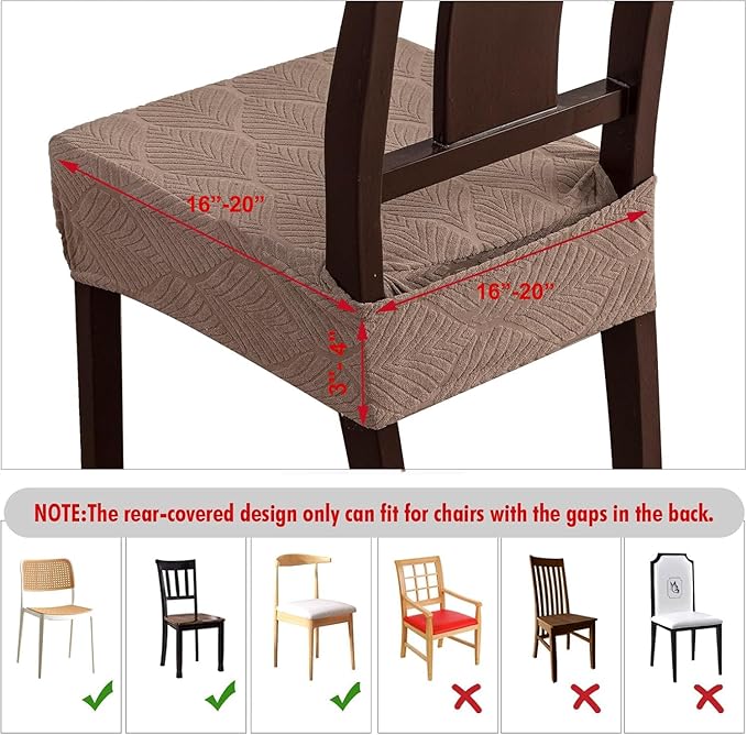 Removable Washable Dining Chair Seat Covers Set of 6,Stretch Jacquard Chair Seat Cushion Protector Slipcovers, Rear Covers