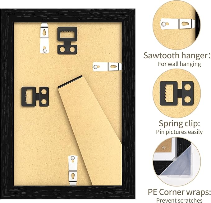 4x6 Picture Frame - 4 x 6 Photo Frame Made of Solid Oak Wood and Real Glass,Display Picture 3.5x5 with Mat or 4x6 Without Mat,4 by 6 Frames for Wall & Tabletop(Color Black)