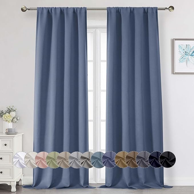 Denim Blackout Curtains for Bedroom Living Room 96 Inches Long 2 Panels, Soft Solid Room Darkening Thermal Insulated Window Treatments, Modern Rod Pocket Curtain, Denim, Each 40" Wx96 L