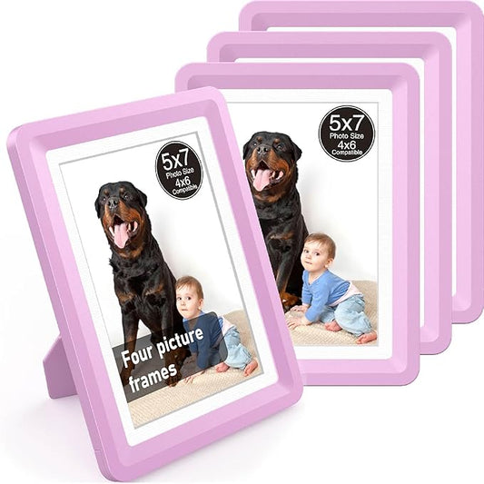 Pink 5x7 Picture Frame with Acrylic Front 4 Pack, ABS Frame for 5x7 or 4x9 Photos, Shatterproof UV-Resistant Tabletop Photo Frame, Vertical/Horizontal Display for Home Décor