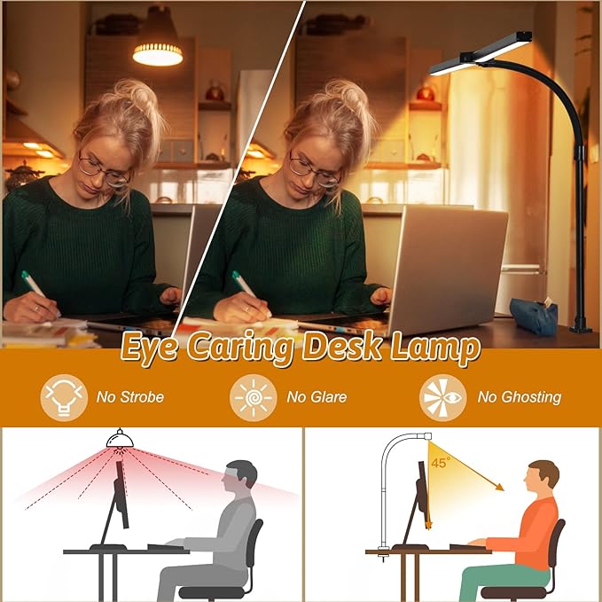 Double Head LED Desk Lamp with Timer of Remote Control 24W Brightest Computer Desk Light Office Lamp for Workbench Drafting Architect Study Reading Gaming with Anti-Glare Cover