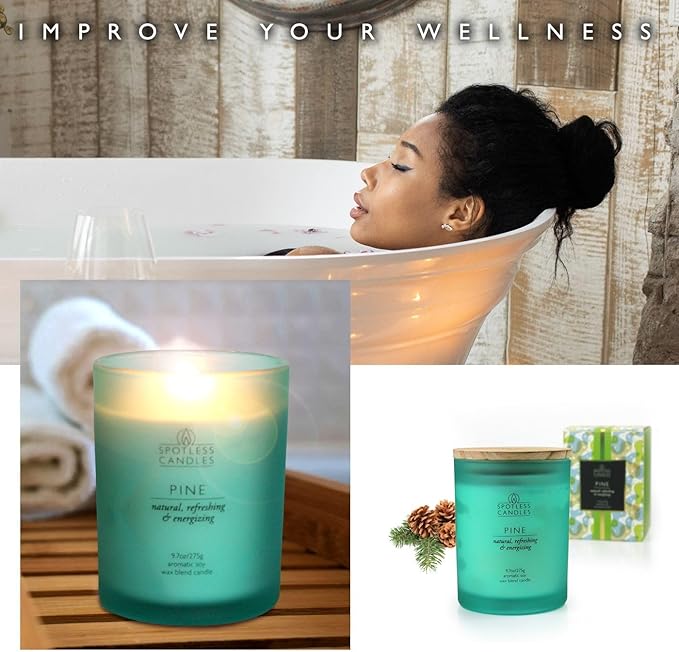 Pine Candle - 9.7 oz /275g 45-55 Hours Burn Time in Green Frosted Glass Jar with Wooden Lid and Wooden Crackling Wick in Luxurious Gift Box - Natural, Refreshing and Energising