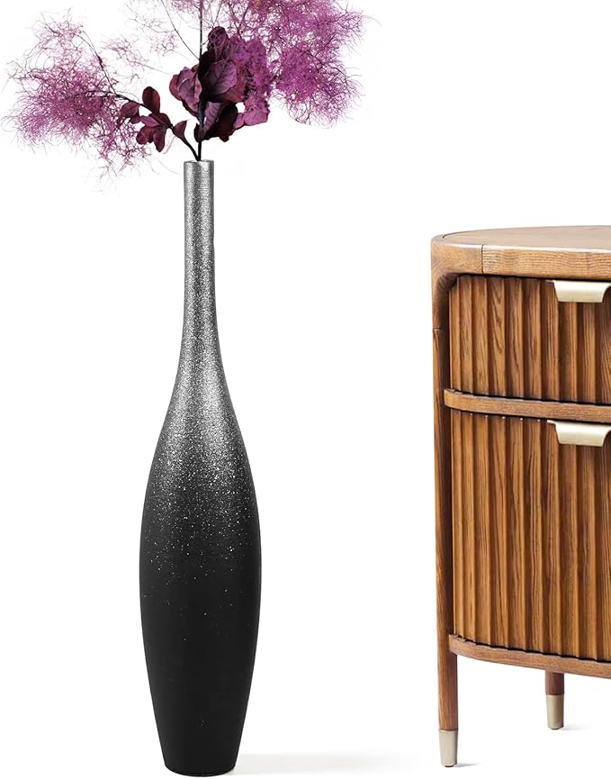 27.5" Tall Modern Floor Vase - Black with Silver Galaxy Ombre Finish - Resin Decorative Vases with Slim Neck & Weighted Base - Large Home Decor Vase for Living Room, Entryway