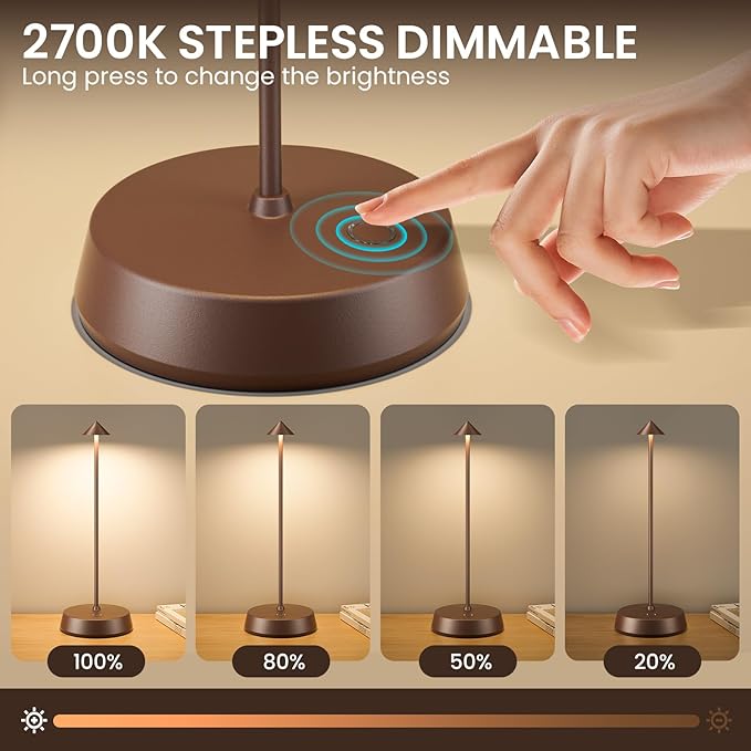Small Cordless LED Table Lamp Rechargeable Battery Operated 6000mAh Touch Dimmable Lamp IP54 Waterproof Portable Wireless Table Light for Home Restaurant Bar Indoor/Outdoor（Brown-2PC）
