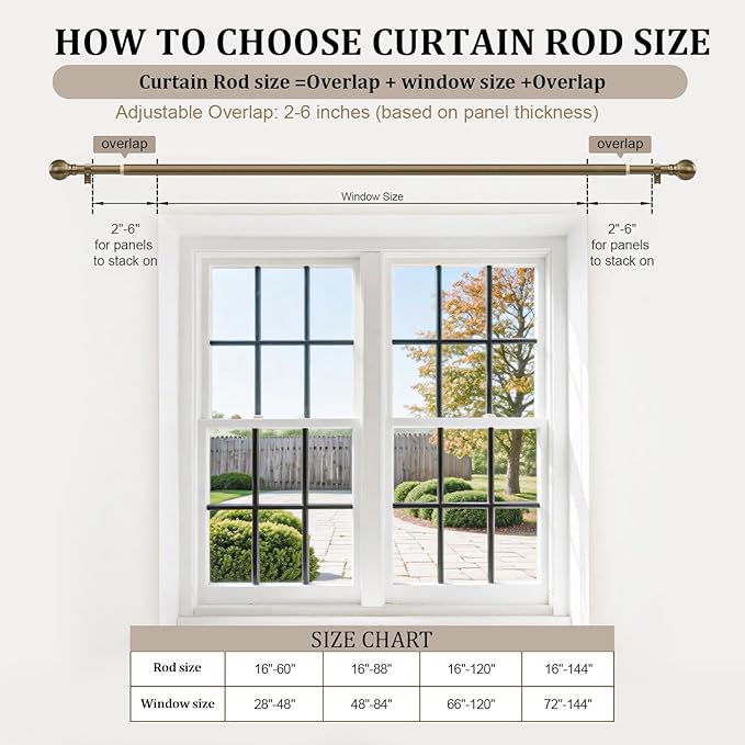 Antique Bronze Curtain Rods for Windows 28 to 48 Inch 1" Diameter Adjustable Heavy Duty Brass Window Curtain Rod with Metal Finials for Living Room Bedroom Farmhouse Kitchen Outdoor