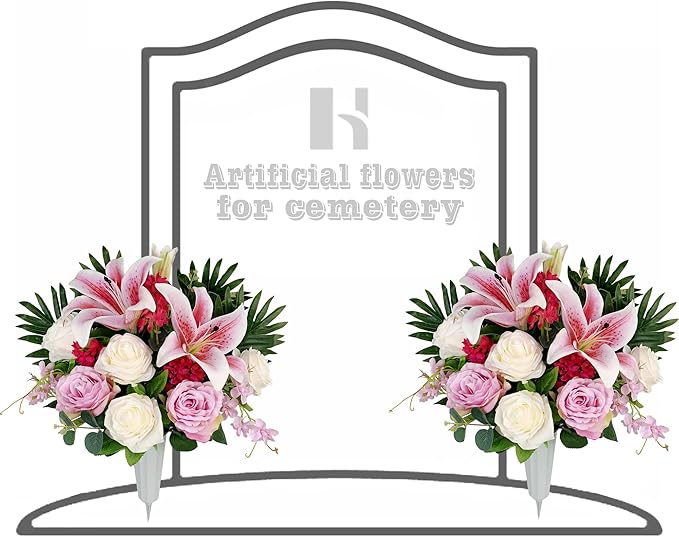 HENOMO Artificial Cemetery Flowers for Grave Vase， Headstone Silk Flower Arrangement, Graveside Decoration- Vibrant Pink Lily and Rose, Tombstone Memorial Bouquet with Vase