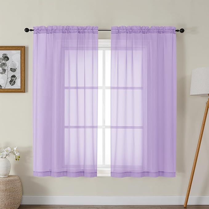 Gwine Lilac Sheer Curtains for Bedroom 54 inches Long 2 Panels, Light Filtering Voile Rod Pocket Curtains, Airy Transparent Sheer Drapes for Living Room, Each 42" Wx54 L