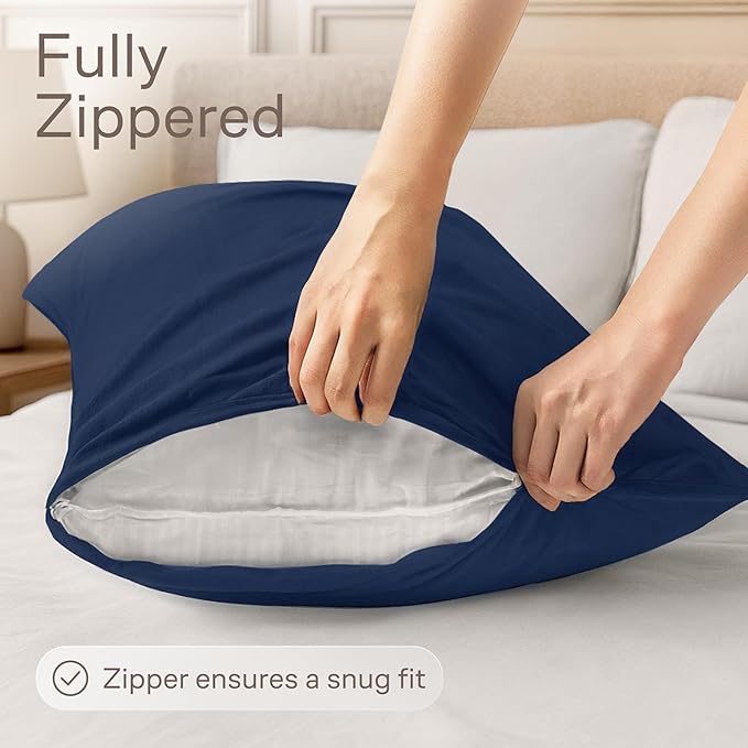 Ultra Soft Pillow Protectors with Zipper Queen Size - Set of 4 Breathable Pillow Covers - 100% Protection Against Stains, Dust & Dirt - Machine Washable (Navy Blue)