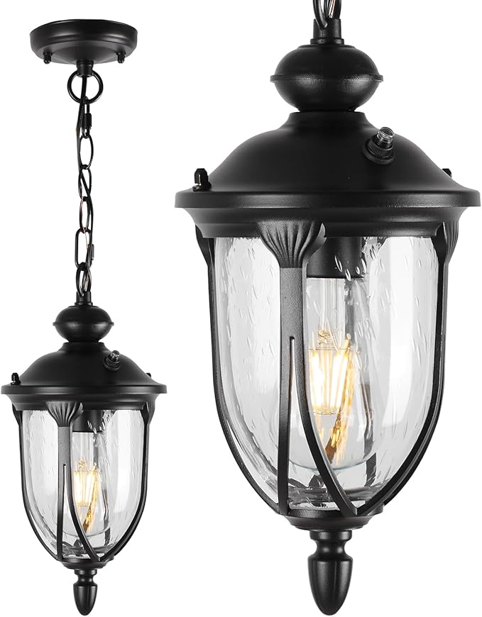 JYZ Vintage Dusk to Dawn Outdoor Hanging Lantern, 17 Inch Rustic Exterior Pendant Light Fixture with Seeded Glass, Antique Black Ceiling Mount Chandelier for Porch, Patio, Gazebo, Entryway JYOPL04-L