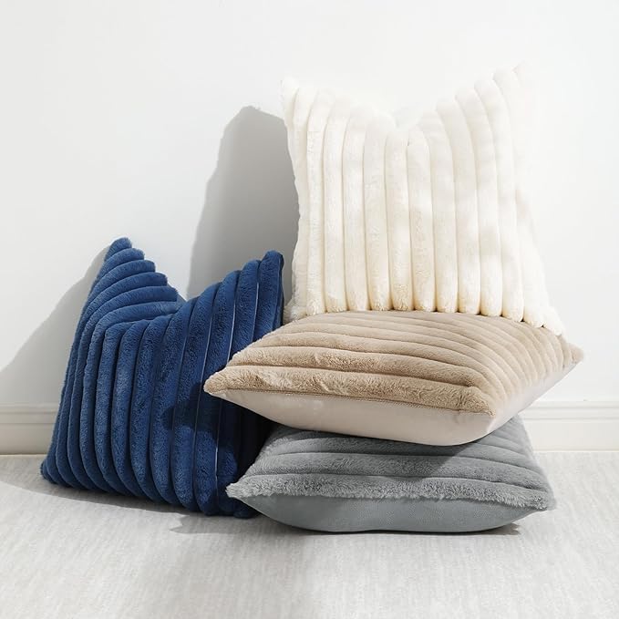 decorUhome Faux Fur Christmas Throw Pillow Covers 18x18 Set of 2, Decorative Soft Plush Striped Neutral Couch Euro Pillow Covers with Velvet Back for Sofa, Bed, Living Room Home Decor, Grey