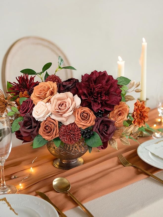 Roses Artificial Flowers Burgundy Bouquet Fake Flower with Stems for DIY Bridal Wedding Shower Decorations Party Table Centerpieces Faux Silk Floral Arrangement for Home Decor Indoor Orange