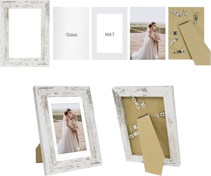 4x6 Picture Frame Set of 2, Made of Real Glass and Distressed White Wooden Frame - Display Pictures 3.5x5 with Mat or 4x6 Without Mat, 4 by 6 Photo Frame for Wall or Tabletop Display
