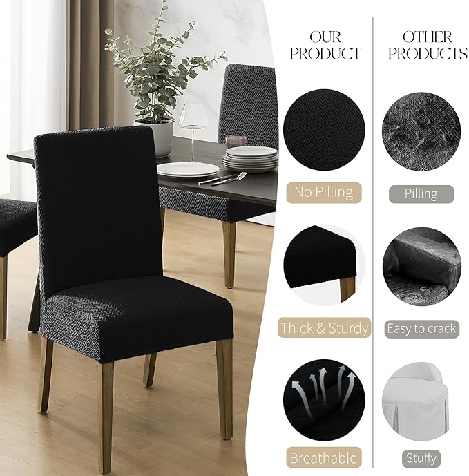MOSAYT 100% Waterproof Dining Room Chair Covers Set of 4, Super Fit Stretch Jacquard Parson Chairs Slipcovers Removable Washable Chair Seat Protectors for Home, Kitchen, Banquet (Black)