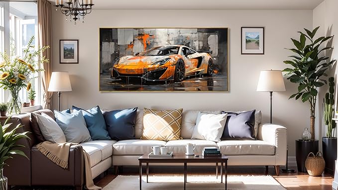 Wall Art Modern Artwork Orange Graffiti Car Wall Decor Canvas Painting for Living Room Bedroom Dining Room Home Office Decor 30"x60" with Framed