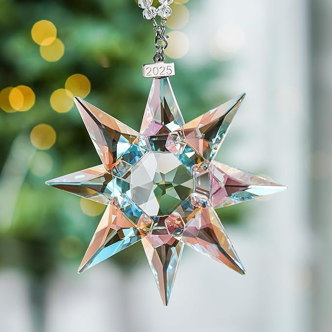 2025 Annual Crystal Christmas Ornaments Glass Snowflake Star for Tree Window Hanging with Bead Chains and Ribbons