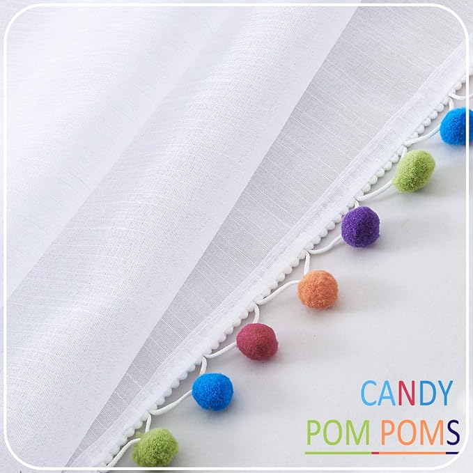 Treatmentex Sheer White Curtains with Multi-Color Pom-Pom Sheer Curtains for Toddler 84" Long Linen Textured Decorative Nursery Room Window Drapes 52" w 1Pair