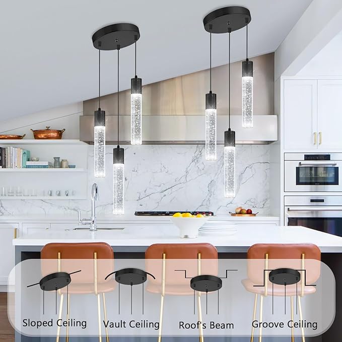 3-Lights Pendants Light for Kitchen Island Chandeliers Dining Room Pendant Lighting Fixture Bubble Crystal Ceiling Hanging Lights Bedroom Island Kitchen 6000K White Light Fixtures Black