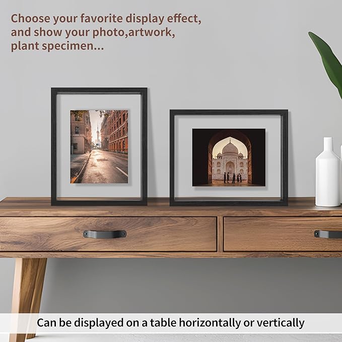 8x10 Floating Picture Frame Set of 2, Double Glass Photo Frame Wooden Frame for Wall Mount or Tabletop Displays for 4x6, 5x7, 6x8 inch Pictures, Plane Edge Frames, Black