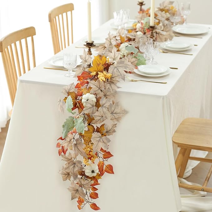 MIZII Fall Decor Artificial Maple Leaf Pumpkin Garland 6FT Fake Autumn Vines Garland Thanksgiving Halloween Harvest Decorations for Porch Mantle Table Centerpieces Fireplace Farmhouse (White PK)