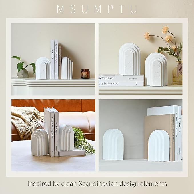 Decorative Bookends for Shelves, Set of 2 Book Ends for Heavy Books, Layered Arch Design White Bookend