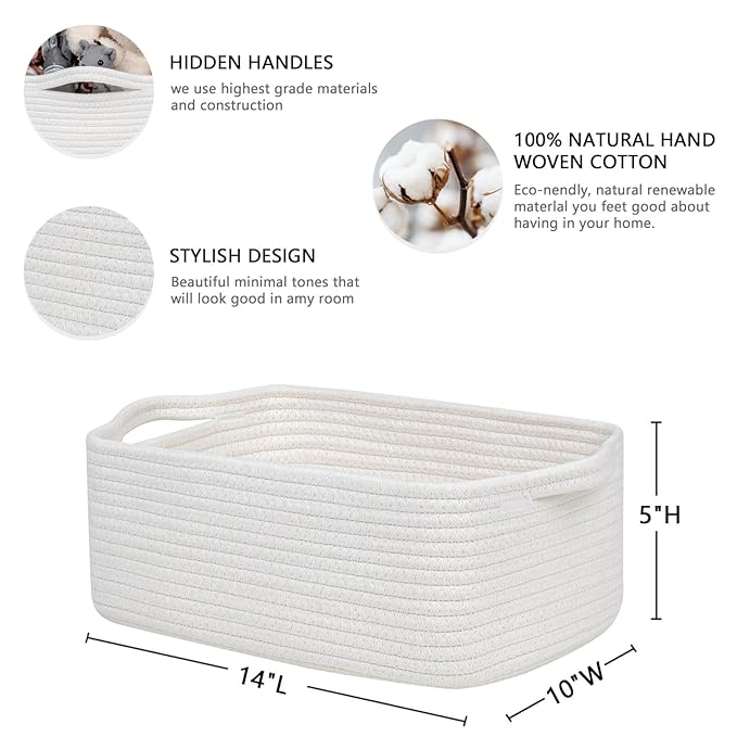 CubesLand Cute and Durable Small Cotton Rope Basket for Organizing, Woven Closet Storage Bin,Shelves Closet Storage Basket, Bathroom Storage Organizer Bin, Nursery Toy Basket Bin, White Basket