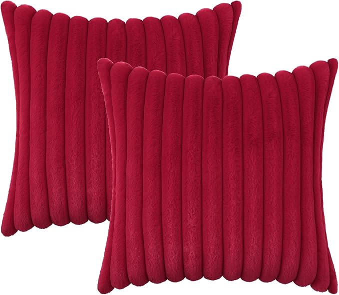 decorUhome Faux Fur Christmas Throw Pillow Covers 18x18 Set of 2, Decorative Soft Plush Striped Neutral Couch Euro Pillow Covers with Velvet Back for Sofa, Bed, Living Room Home Decor, Red