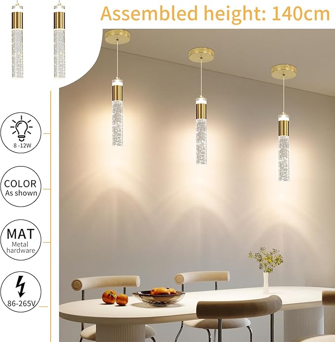 3 Pack Modern Kitchen Island Pendant Lights, Gold Bubble Crystal Ceiling Hanging Light, 3 Color 2700K/4500K/6500K, Mini Linear LED Chandelier Lighting for Dining Room, Bedroom, Bar, Hallway, Bedside