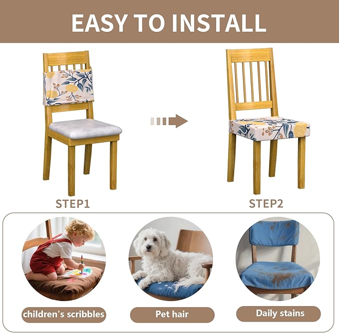 Stretch Dining Chair Seat Covers Set of 4,Dining Chair Slipcovers, Floral Printed Chair Covers,Soft Fabric Washable Upholstered Chair Seat Protector, No Rear Covers for Home Kitchen Dining Room