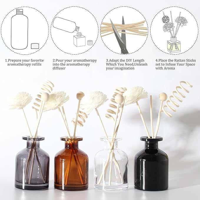 4Pcs Fragrance Glass Diffuser Bottles, Refillable Diffusers Bottles with 16 pcs Reed Diffuser Sticks and Caps,Diffuser Jars for Home Oil Fragrance Decoration Girl Women Gift (4 Color)