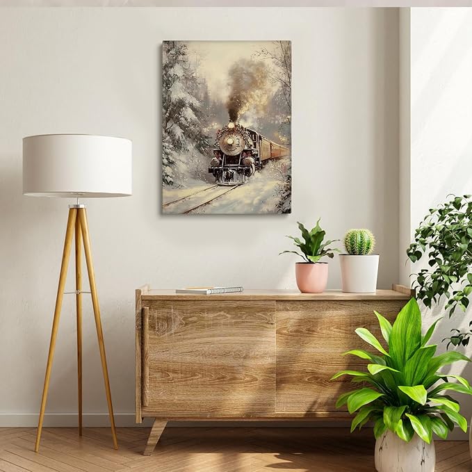 Winter Wall Art,Vintage Train in Snow Print,Nostaltic Steam Locomotive Scene,Holiday Train Print,Snowy Train Scene Print,Nostalgic Winter Art,Winter Holiday Decor24x36inch Framed Art