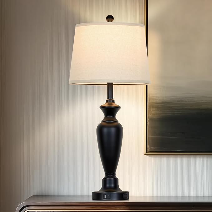 30" Tall Black Table Lamp, 3-Way Dimmable Touch Control Bedside Lamp with USB A+C & AC Outlet for Bedroom, Living Room (1 Pack)