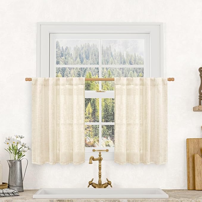 LAMIT Short Linen Window Curtains 30 Inches Long 2 Panels, Beige Semi Sheer Light Filtering Panels Back Tab and Rod Pocket Neutral Drapes for Basement/Small Windows, 34 x 30 Inch