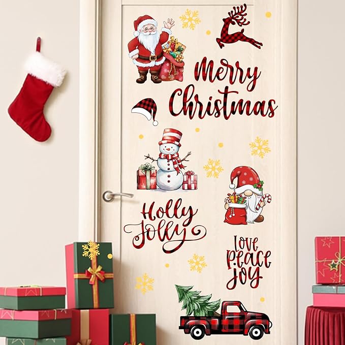 Mfault Merry Christmas Santa Claus Wall Decals Stickers, Xmas Gnome Truck Snowman Reindeer Let It Snow Decorations Bedroom Art, Winter Holiday Gold Snowflake Holly Jolly Home Living Room Kitchen Decor