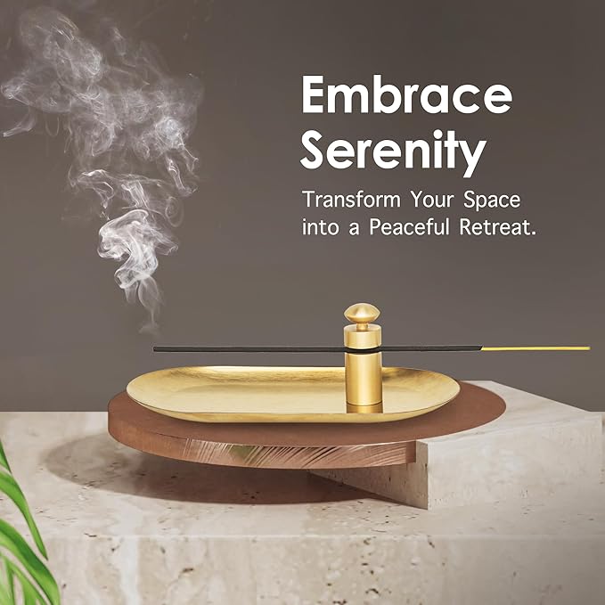 Brass Incense Holder with Tray Set – Zen Meditation Incense Stick Holder, Decorative Copper Incense Burner for Sticks, Elegant Spiritual and Aesthetic Home Decor for Gift Woman
