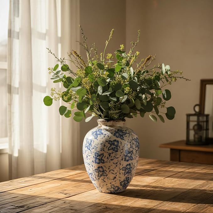 Blue and White Ceramic Vase 8 Inch – Vintage Floral Pottery Vase with Crackle Glaze, Waterproof Decorative Vase for Flowers, Greenery, Small Bouquets – Farmhouse Cottage Table Shelf Decor