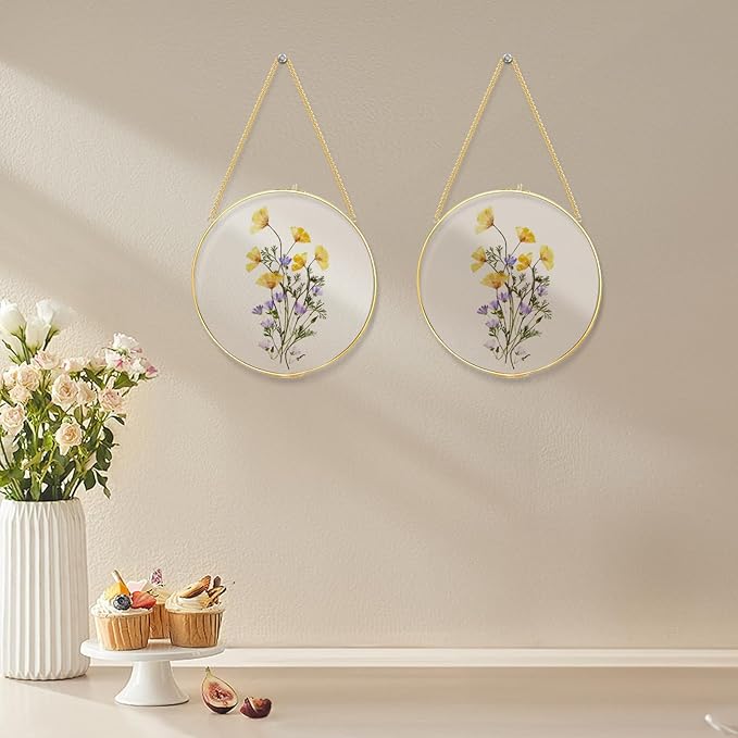 FOCHIER F 2pcs Pressed Flower Frames with Tweezers, Wall Hanging Tabletop Display Double Glass Round Frames with Metal Chain for Pressed Dried Flowers Plants Horizontal and Vertical Picture Frame