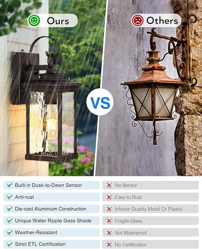 VIANIS Dusk to Dawn Outdoor Garage Lighting, Farmhouse Oil Rubbed Bronze Exterior Wall Sconce Lantern, Front Porch Light Fixtures Wall Mount, Anti-Rust Coach Lights for Garage, Outside House Lights