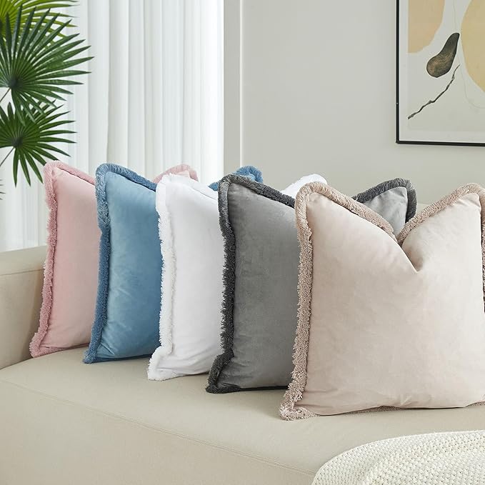 JUSPURBET Aqua Decorative Velvet Fringe Throw Pillow Covers 18x18 Set of 2 Boho Soft Cushion Case for Home Decor Living Room Couch Sofa Bed